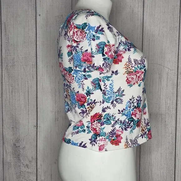 Vintage 90s Next Era Floral Cotton Top Scalloped Neckline, sz Large - Picture 3 of 6